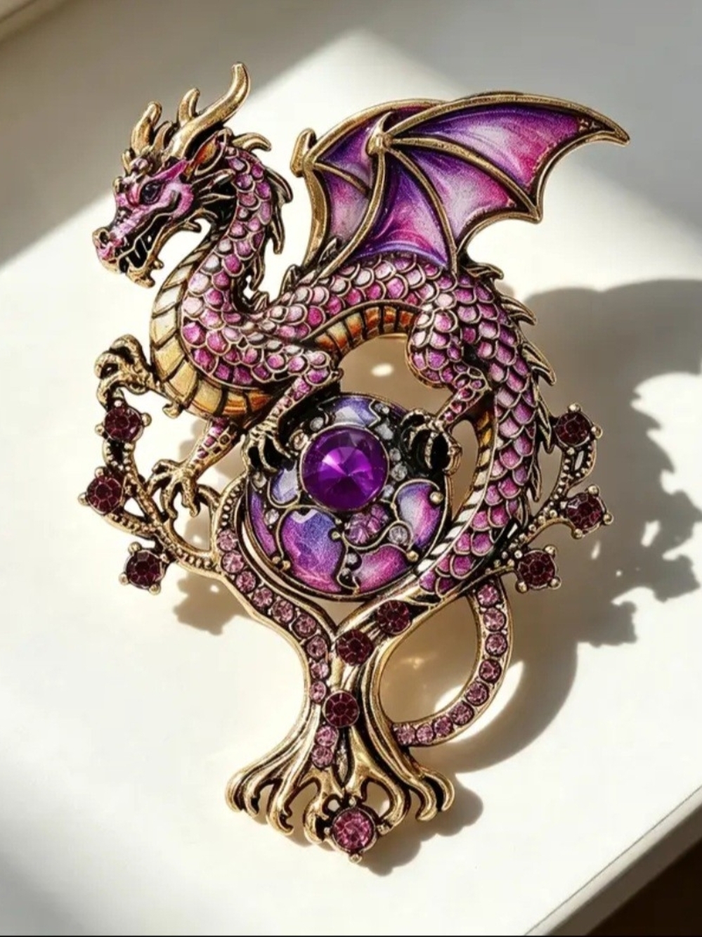 Ornate Purple Dragon Brooch Pin - Women Jewelry